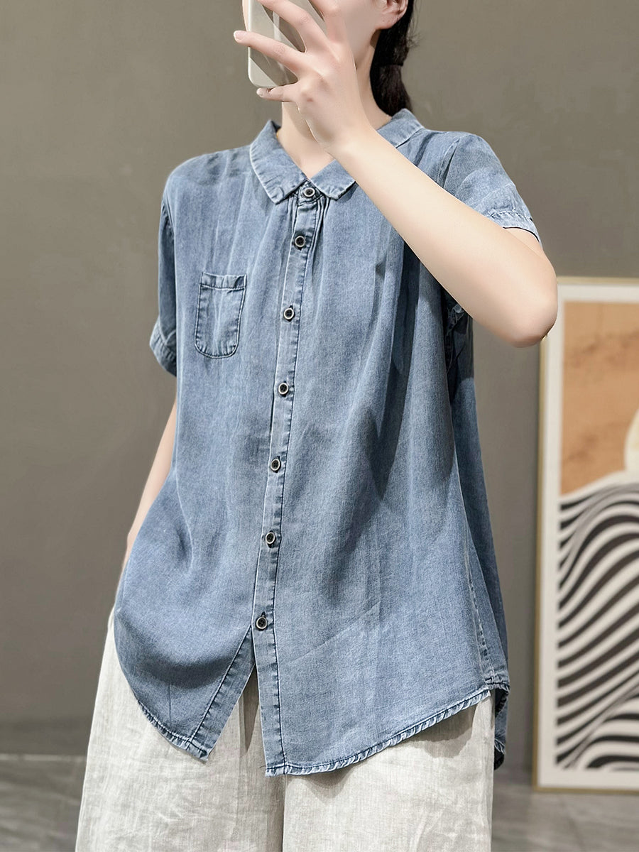 Plus Size Women Summer Solid Button Pocket Denim Shirt PP1021