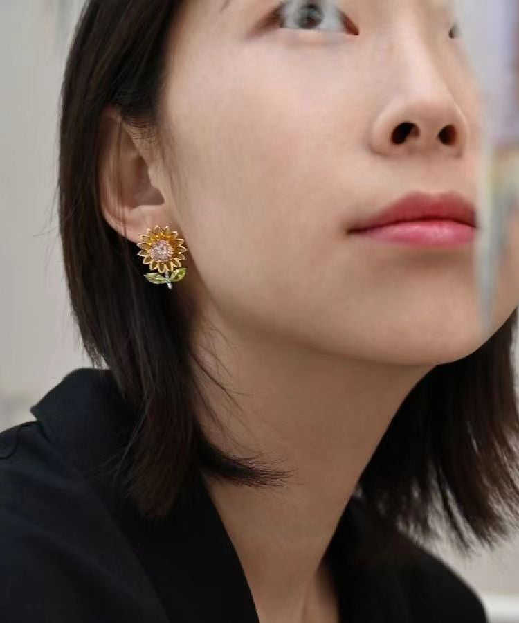 2024 New Yellow Sterling Silver Overgild Zircon Enamel Sunflower Stud Earrings AH736