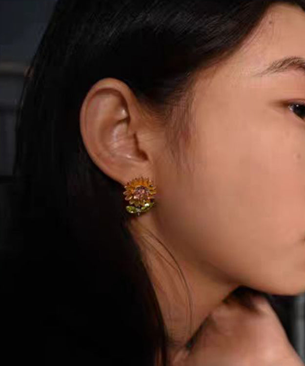 2024 New Yellow Sterling Silver Overgild Zircon Enamel Sunflower Stud Earrings AH736