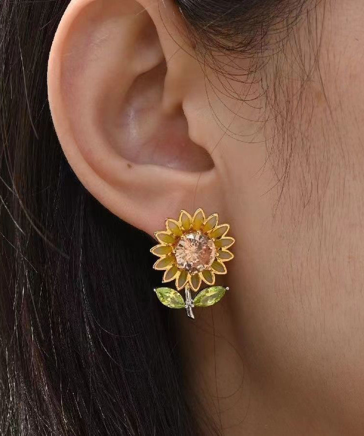 2024 New Yellow Sterling Silver Overgild Zircon Enamel Sunflower Stud Earrings AH736