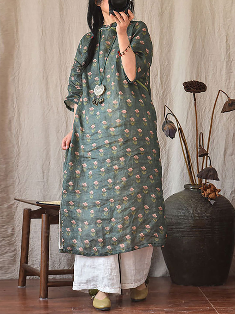 Damen Vintage Sommer Blumen Ramie Robe Kleid CO1022