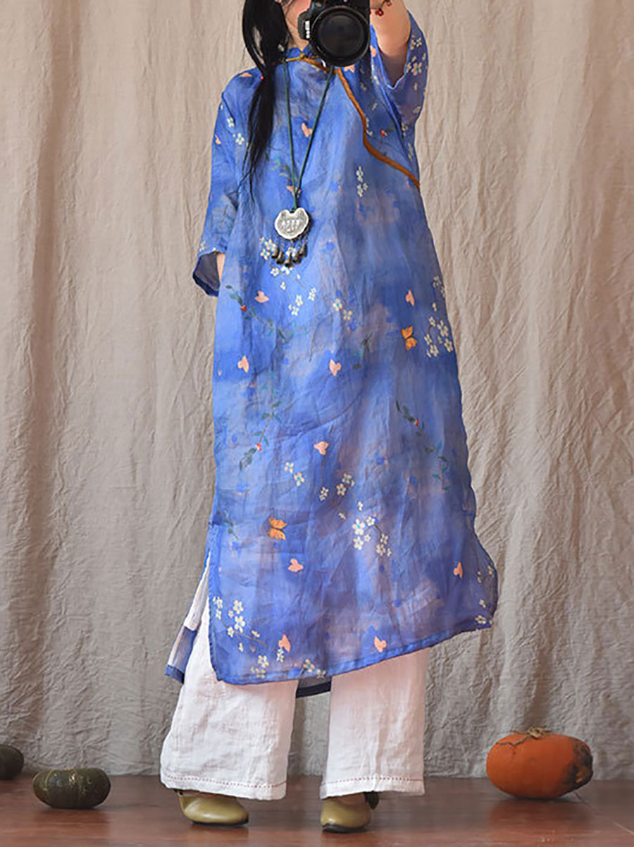 Damen Vintage Sommer Blumen Ramie Robe Kleid CO1022