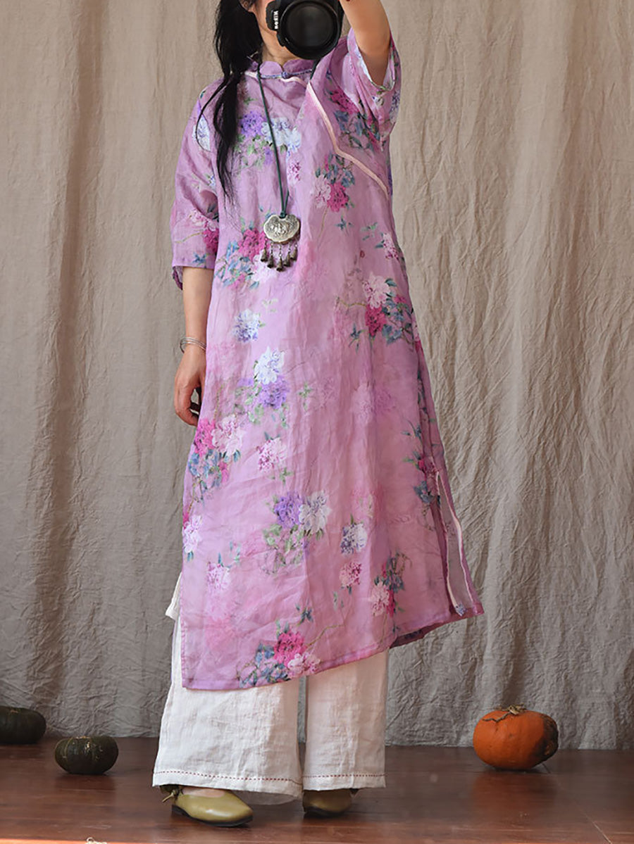 Damen Vintage Sommer Blumen Ramie Robe Kleid CO1022