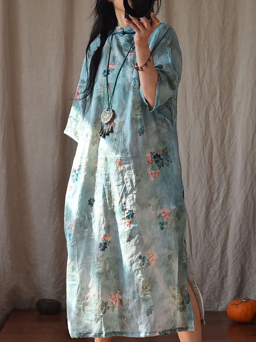 Damen Vintage Sommer Blumen Ramie Robe Kleid CO1022