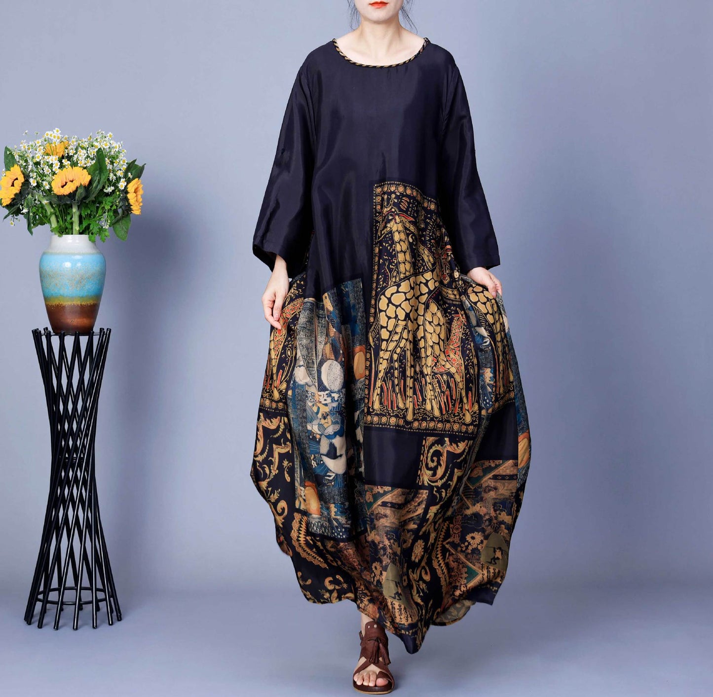 Damen Frühling Gespleißtes Vintage Maxikleid CO1026