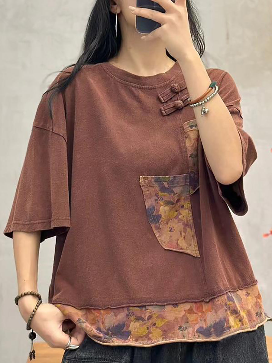 Damen Sommer Gespleißtes Retro Baumwollhemd PA1017