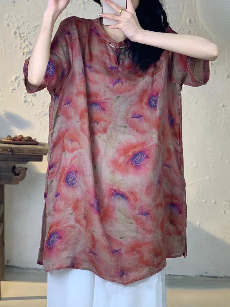 Frauen Sommer Vintage Blume Lange Ramie Shirt PA1013