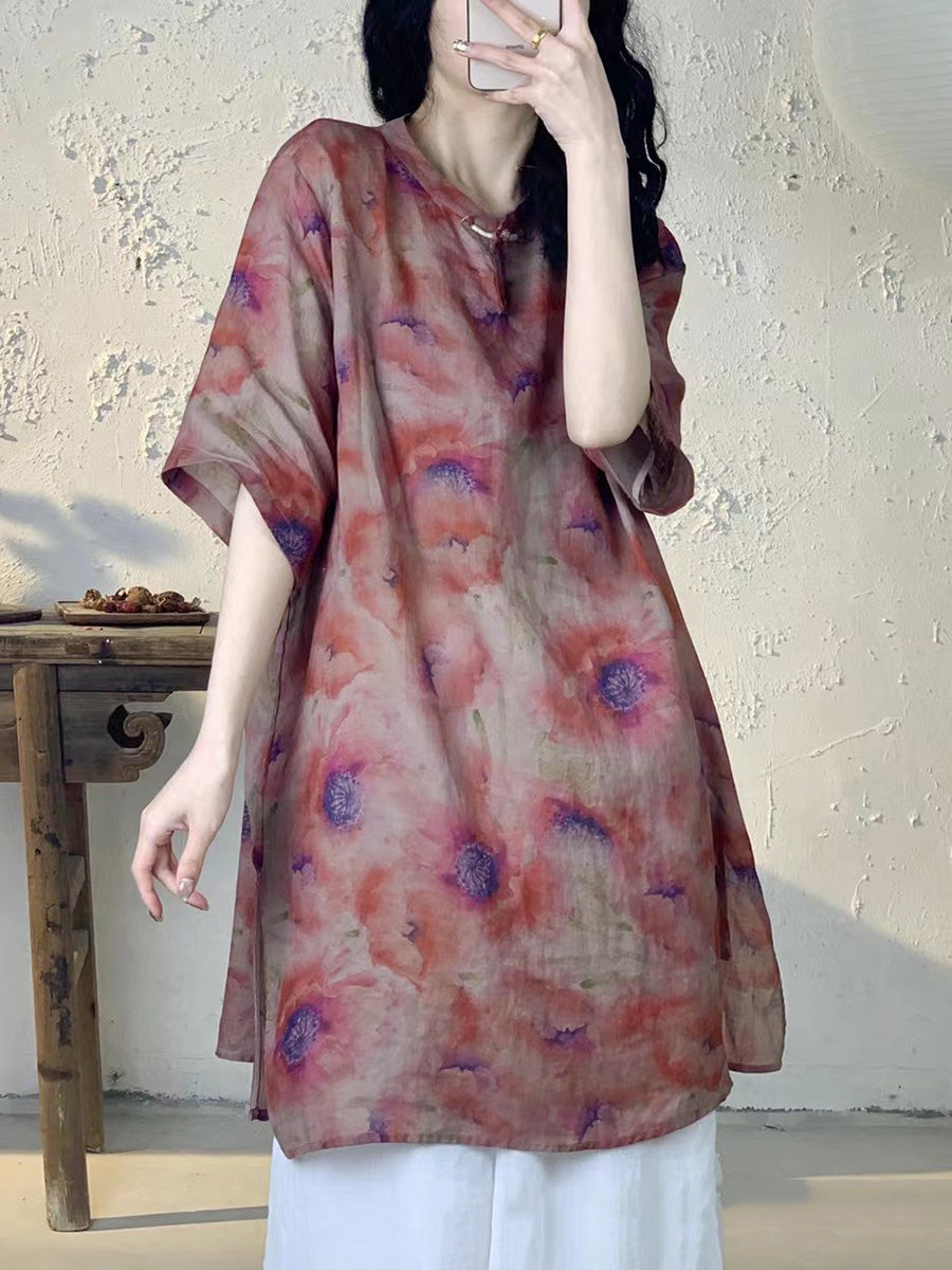 Frauen Sommer Vintage Blume Lange Ramie Shirt PA1013
