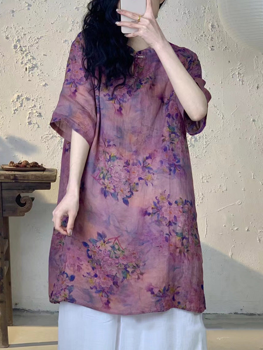 Frauen Sommer Vintage Blume Lange Ramie Shirt PA1013