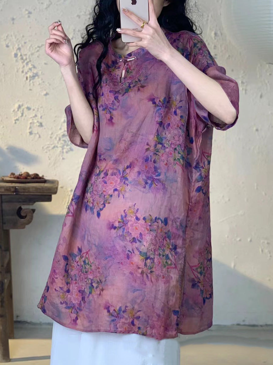 Frauen Sommer Vintage Blume Lange Ramie Shirt PA1013