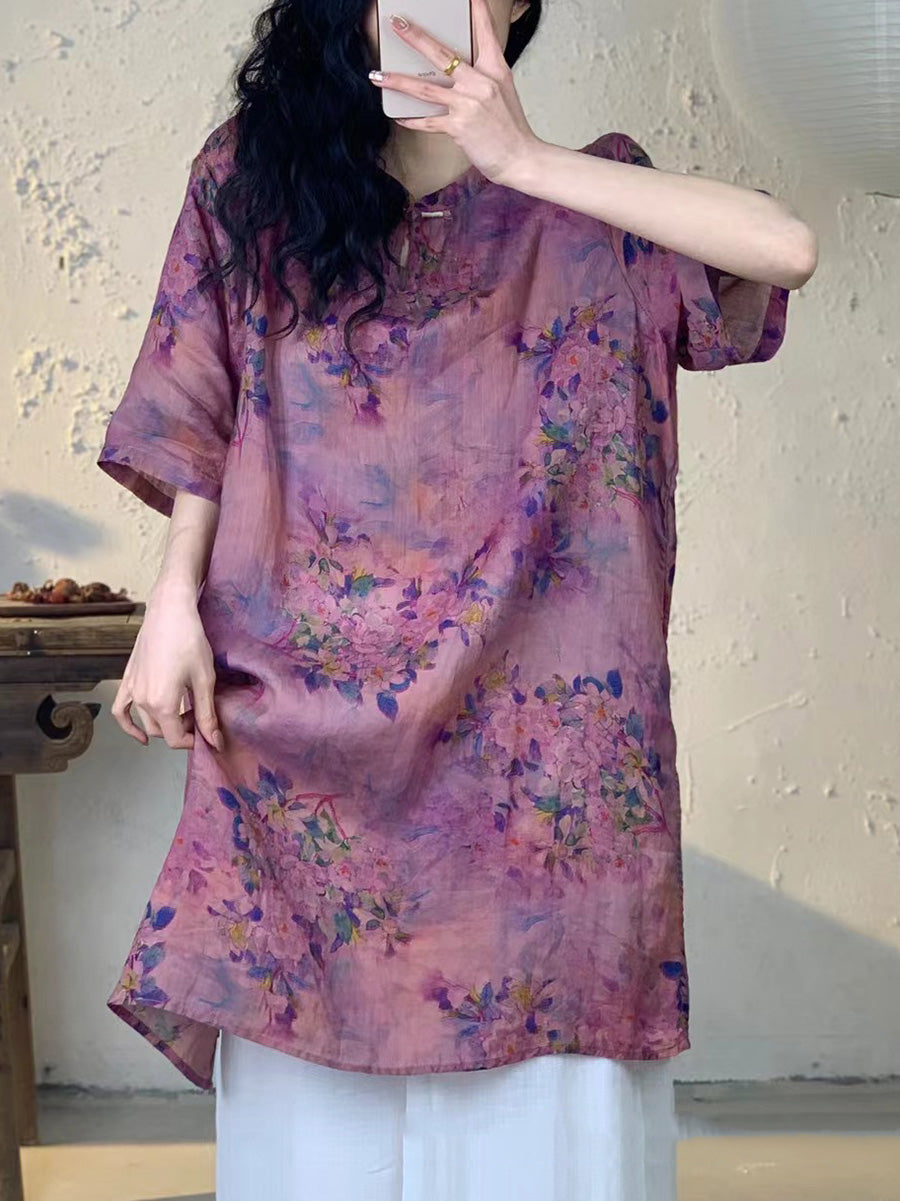 Frauen Sommer Vintage Blume Lange Ramie Shirt PA1013