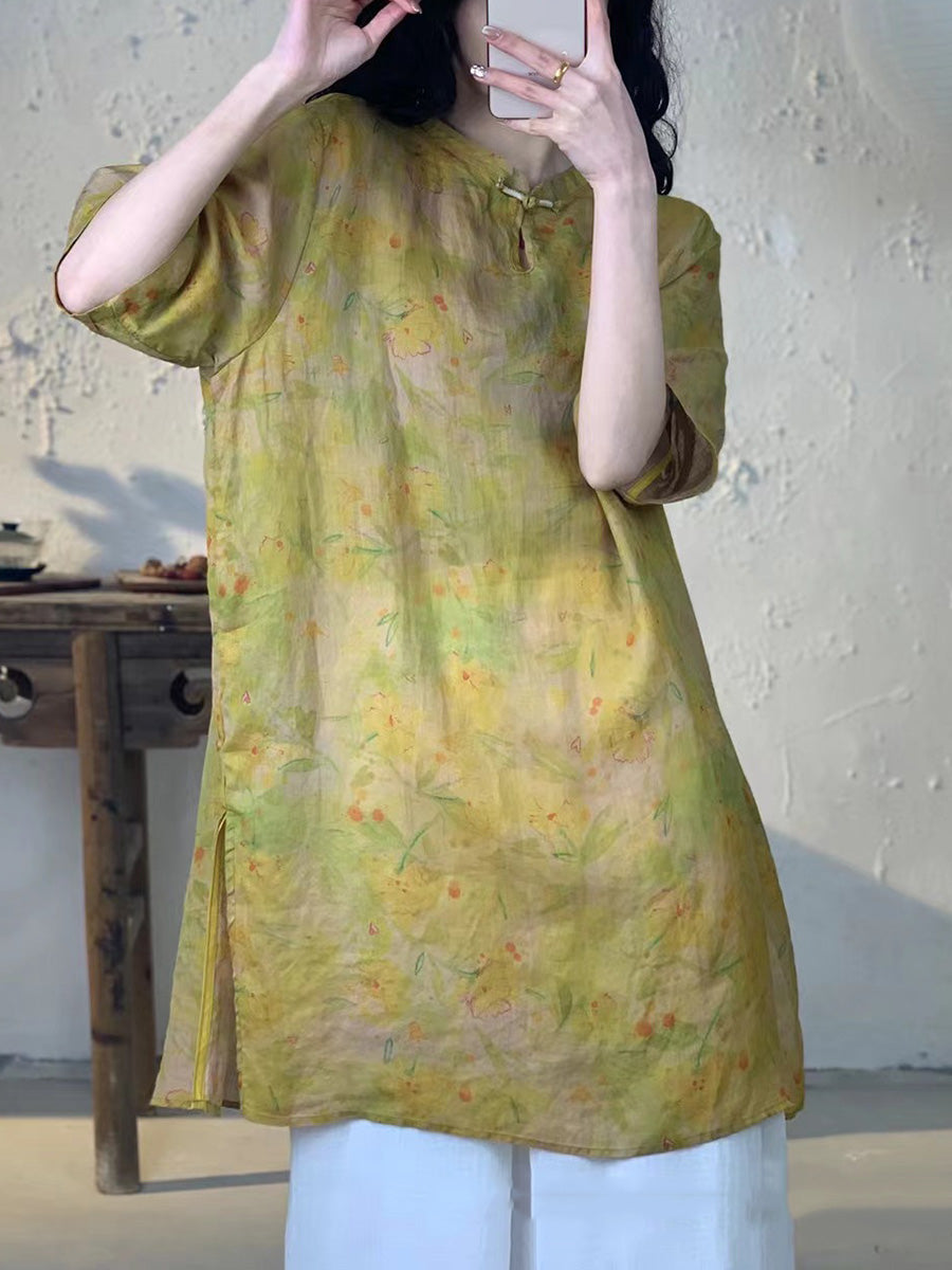 Frauen Sommer Vintage Blume Lange Ramie Shirt PA1013