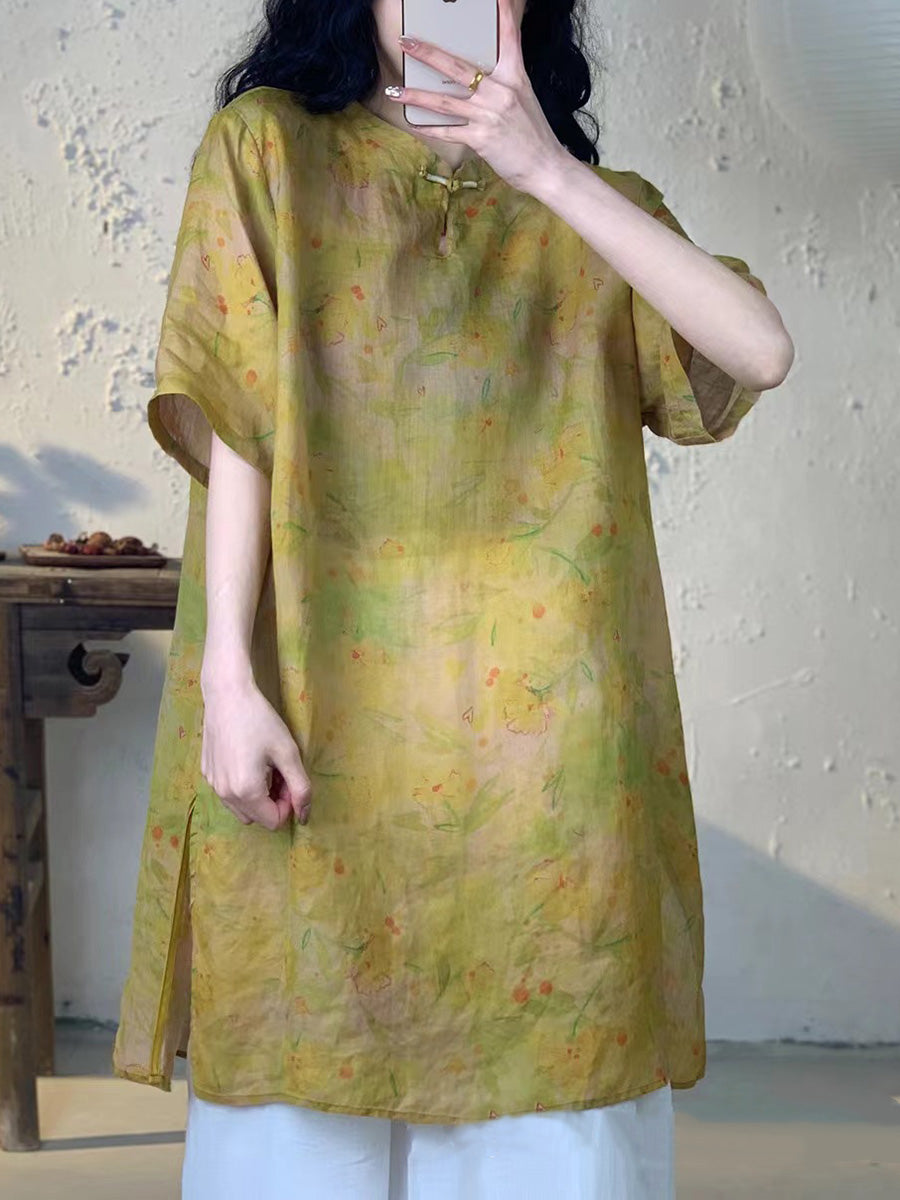 Frauen Sommer Vintage Blume Lange Ramie Shirt PA1013