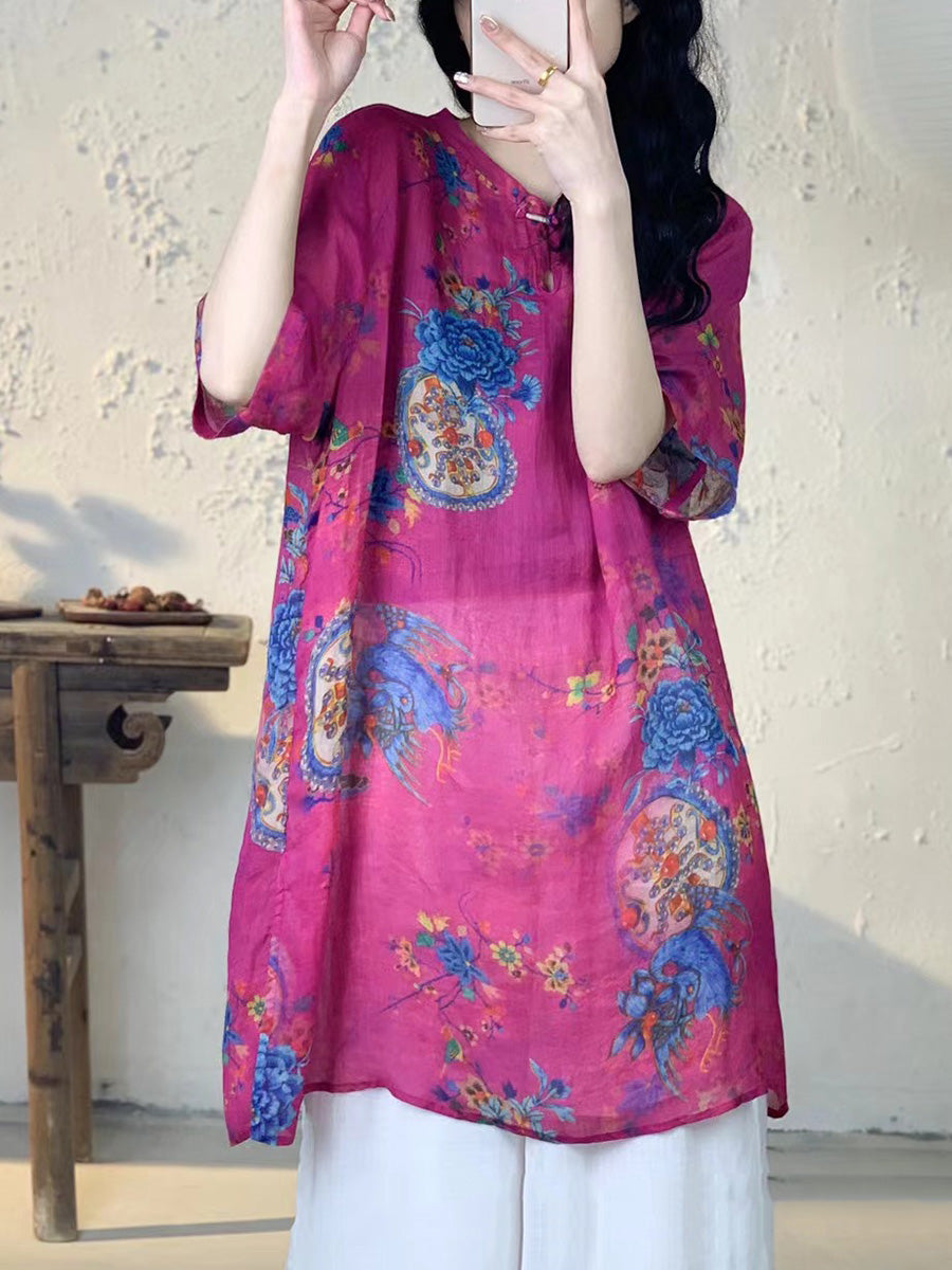 Frauen Sommer Vintage Blume Lange Ramie Shirt PA1013