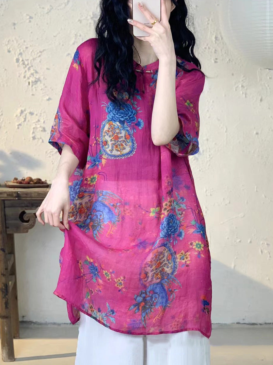 Frauen Sommer Vintage Blume Lange Ramie Shirt PA1013