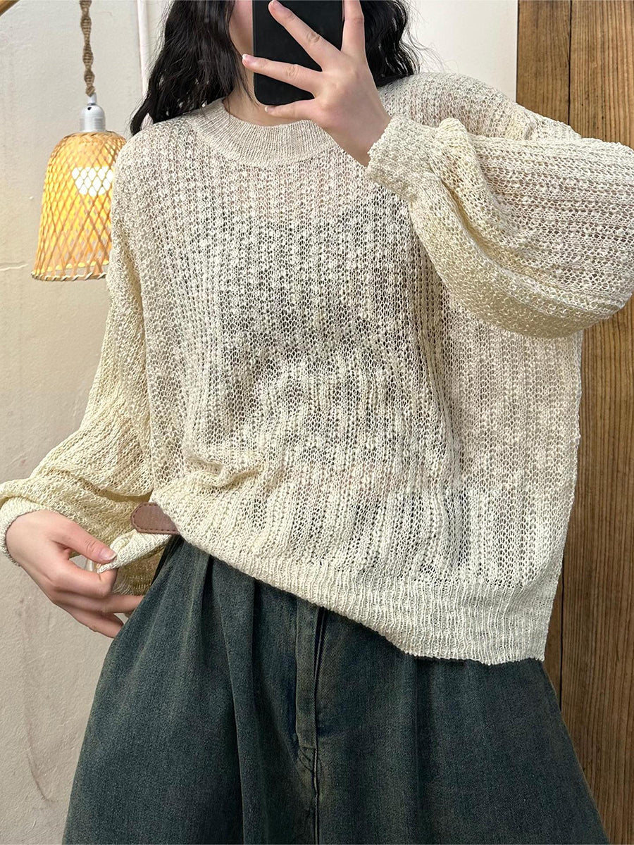 Lässiges, einfarbiges, gestricktes O-Ausschnitt-Langarmhemd für Damen PA1010