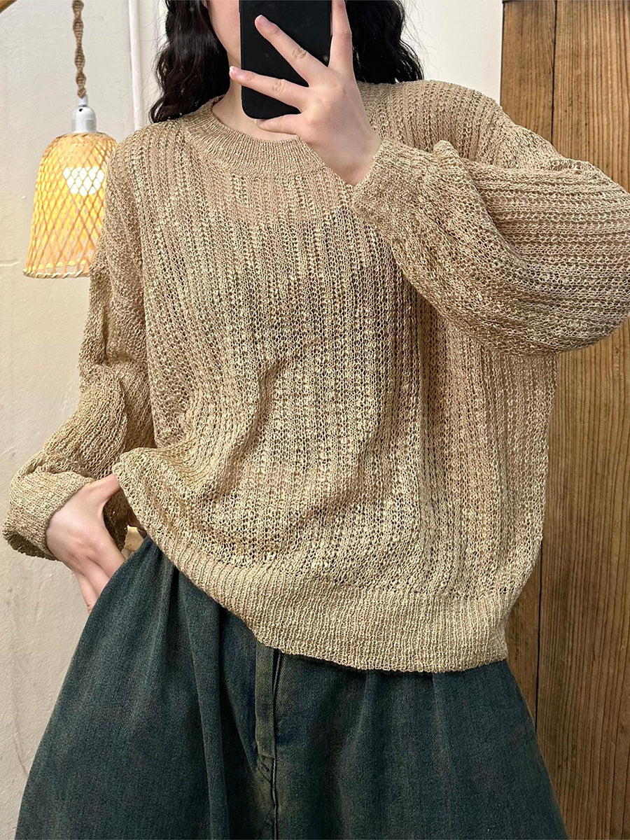 Lässiges, einfarbiges, gestricktes O-Ausschnitt-Langarmhemd für Damen PA1010
