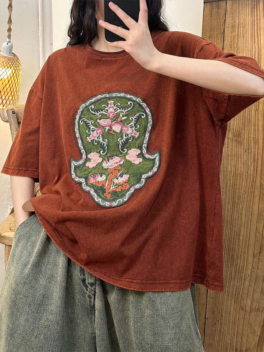 Damen Casual Sommer Stickerei Gespleißt Baumwolle Hemd KL1001
