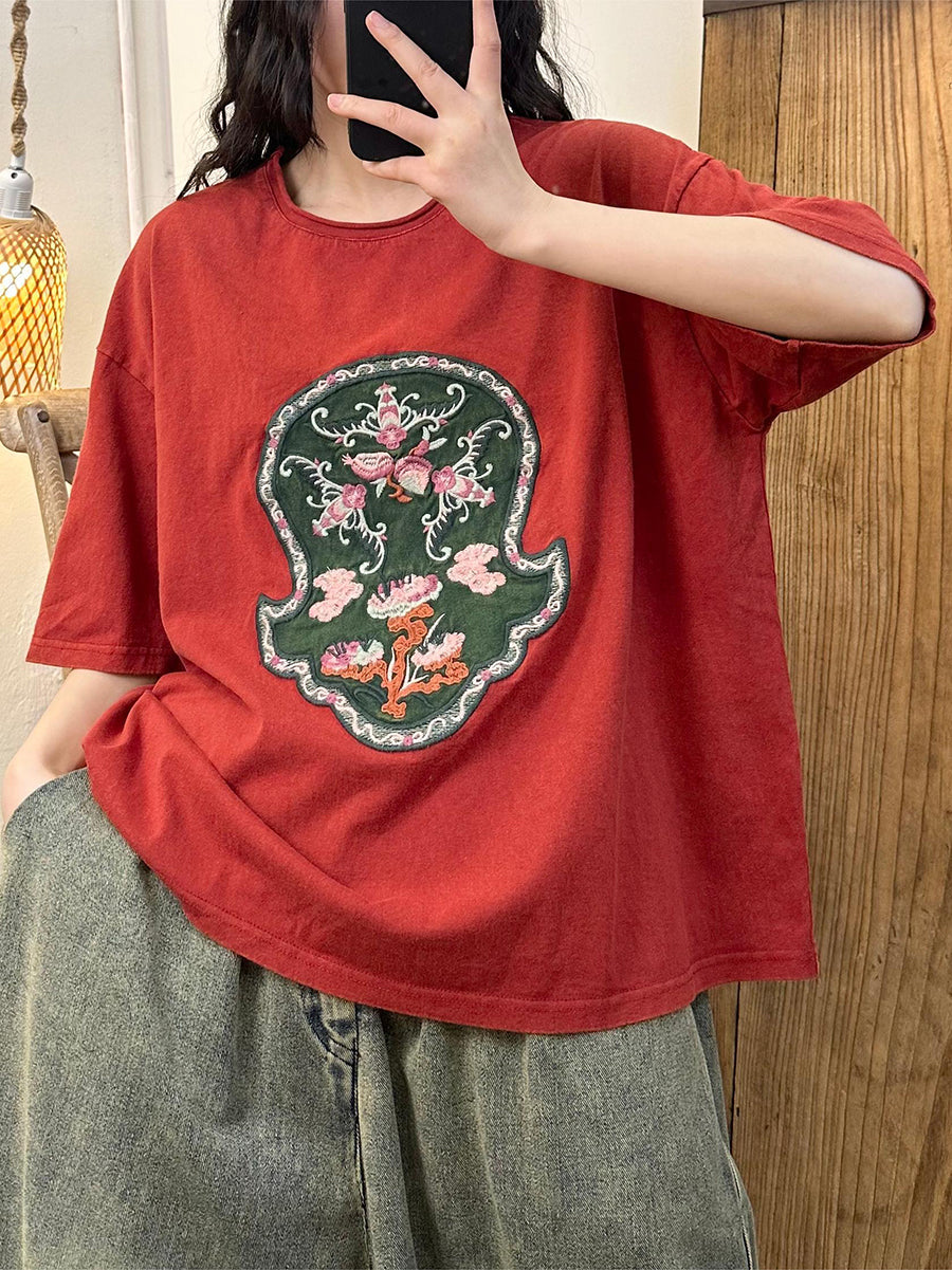 Damen Casual Sommer Stickerei Gespleißt Baumwolle Hemd KL1001