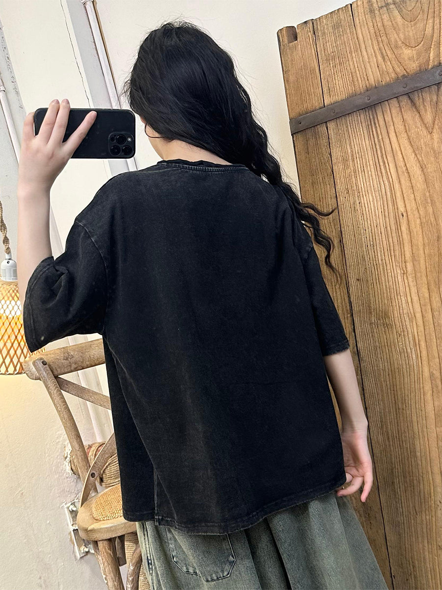 Damen Casual Sommer Stickerei Gespleißt Baumwolle Hemd KL1001
