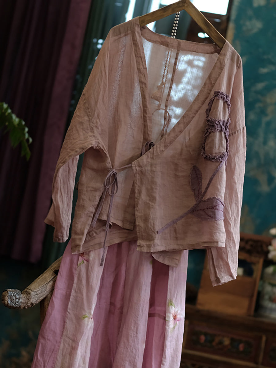 Damen Vintage Blumen Gespleißtes Sommer Träger Ramie Shirt KL1015
