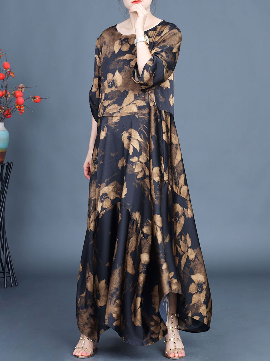 Frauen Sommer Vintage Blume Unregelmäßigen Saum Lose Kleid KL1003