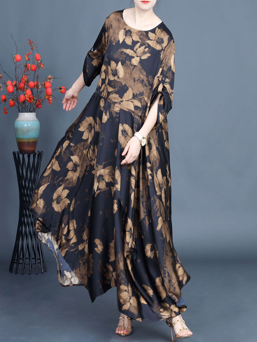 Frauen Sommer Vintage Blume Unregelmäßigen Saum Lose Kleid KL1003