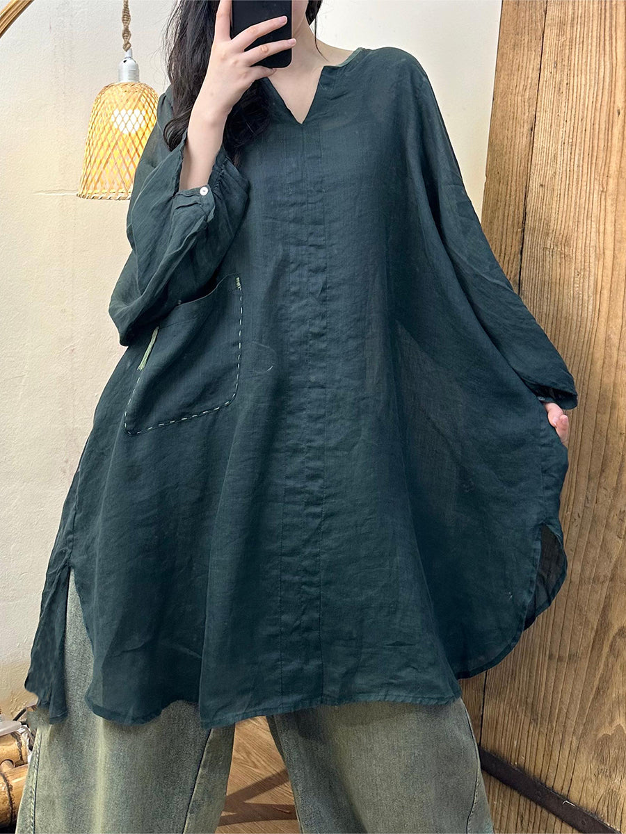 Plus Size Damen Frühling Solide Loose Ramie Longshirt KL1020