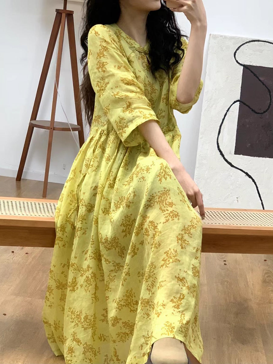 Damen Sommerkleid mit floralem Ramie-Muster KL1029