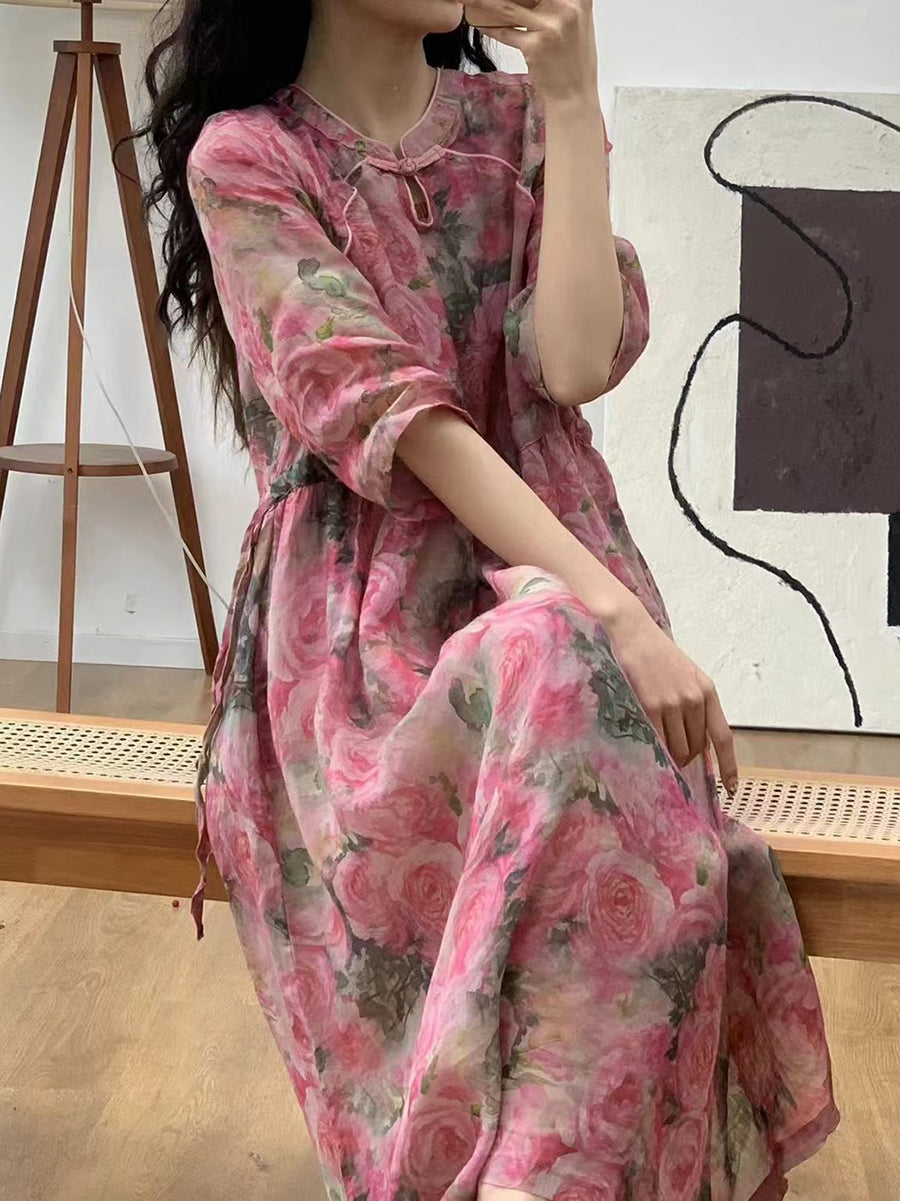 Damen Sommerkleid mit floralem Ramie-Muster KL1029