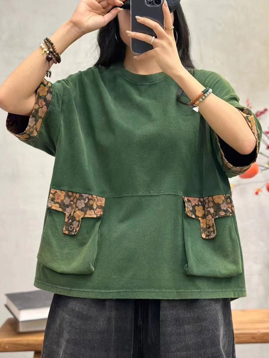 Damen Sommer Casual Gespleißt Baumwolle Pullover Shirt PA1030