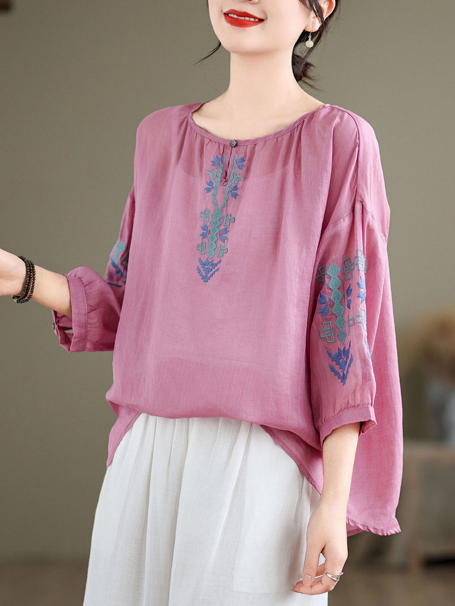 Women Artsy Summer Embroidery O-Neck Ramie Blouse KL1019