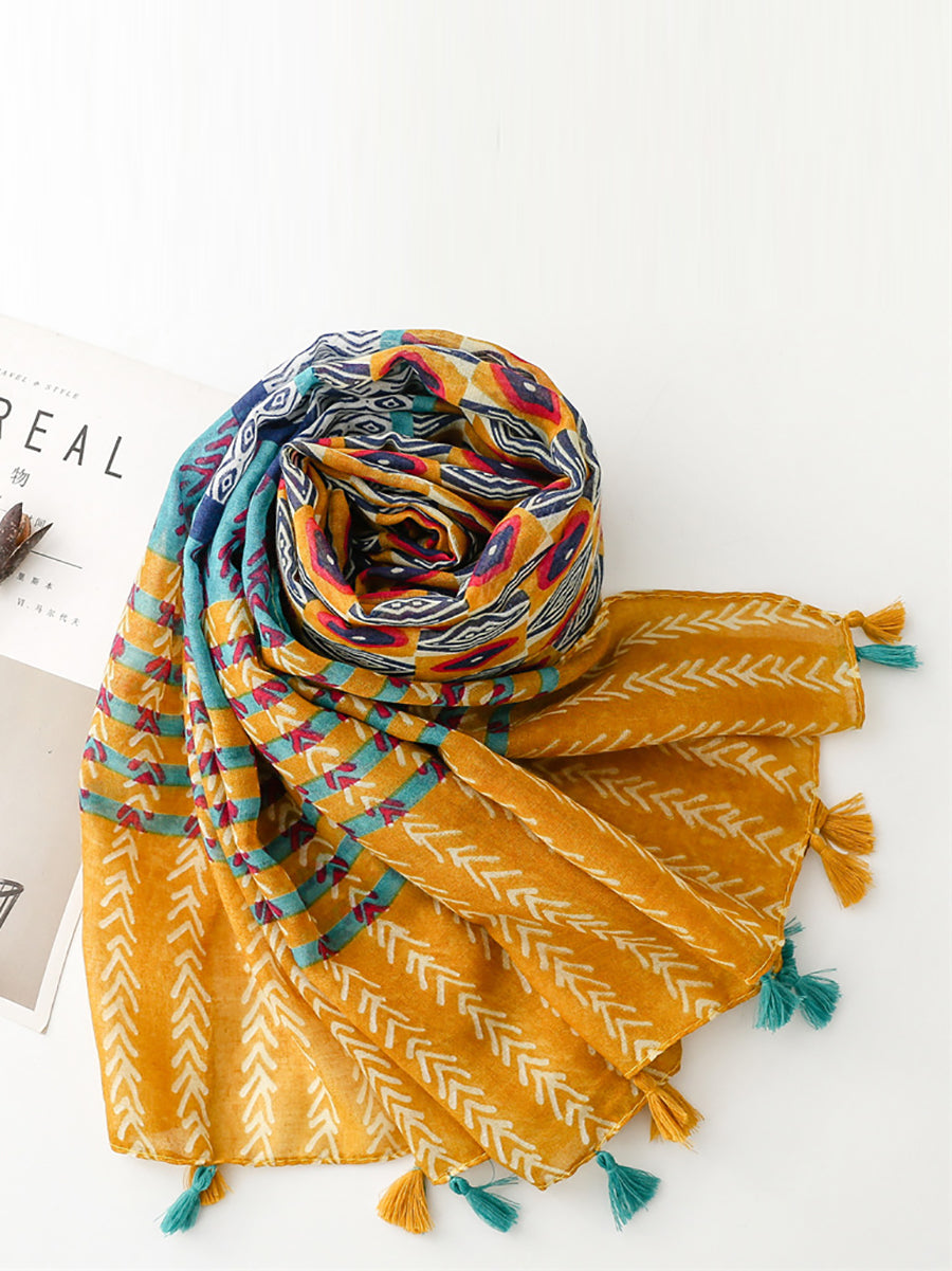Damen Sommer Schal mit Ethno-Print und Quaste KL1020
