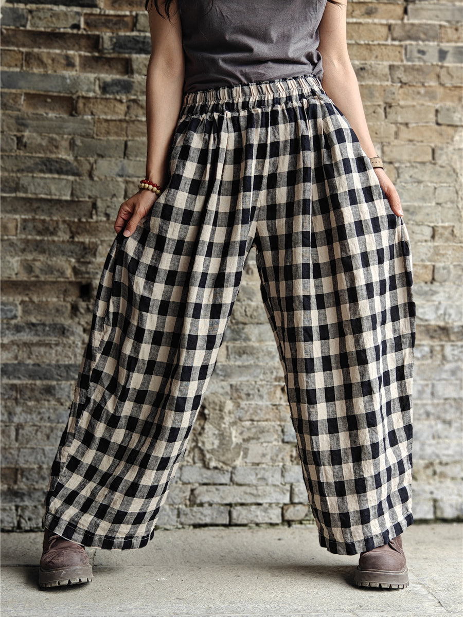 Pantalon large décontracté en coton et lin à carreaux pour femmes de grande taille KL1031