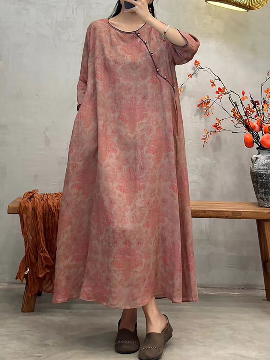 Frauen Artsy Sommer Blume O-Ausschnitt Lose Kleid XX1040
