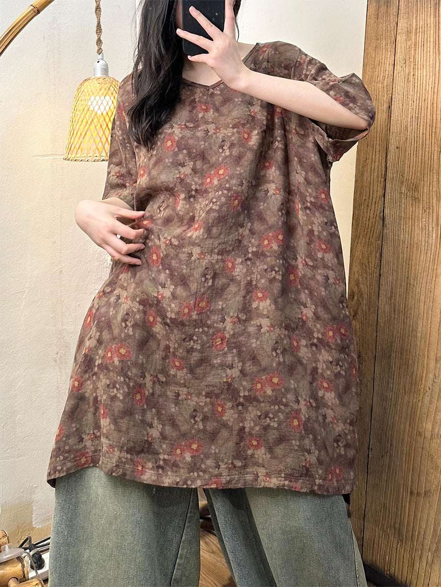Plus Size Women Summer Retro Flower Cotton Dress XX1061