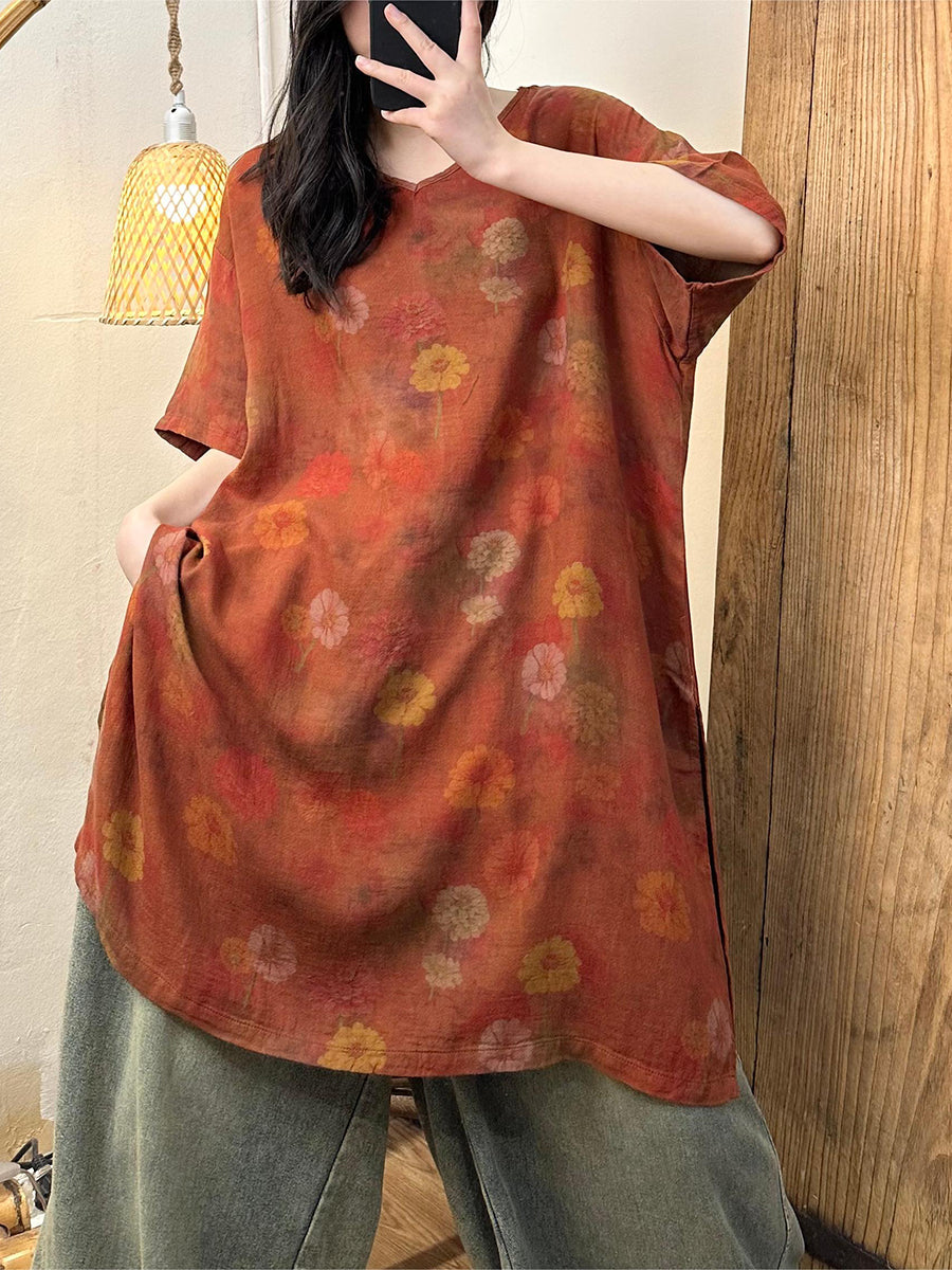 Plus Size Women Summer Retro Flower Cotton Dress XX1061