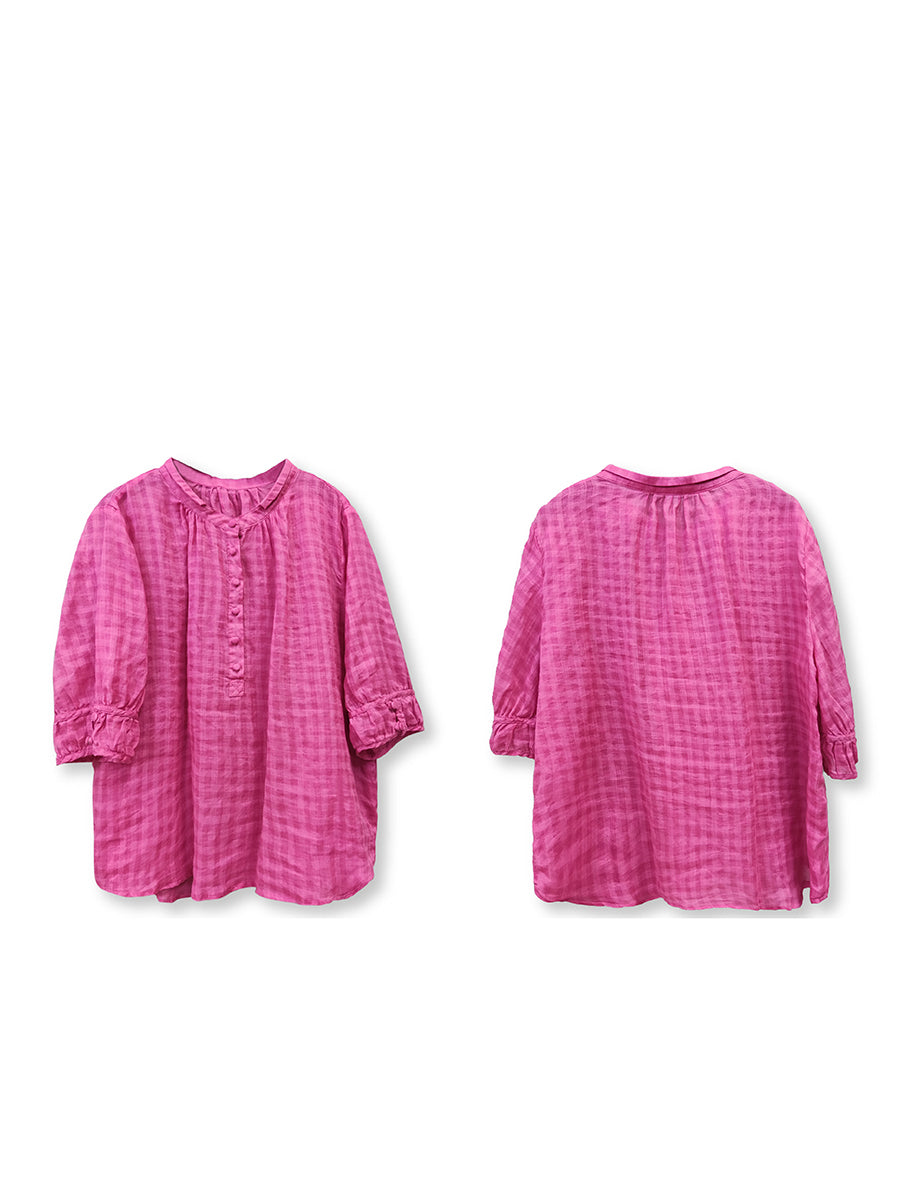 Plus Size Women Artsy Summer Plaid 100%Ramie Shirt AA1014