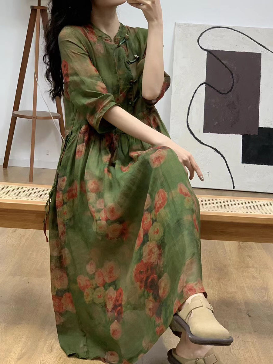 Women Summer Ethnic Flower Linen Strap Dress AA1045