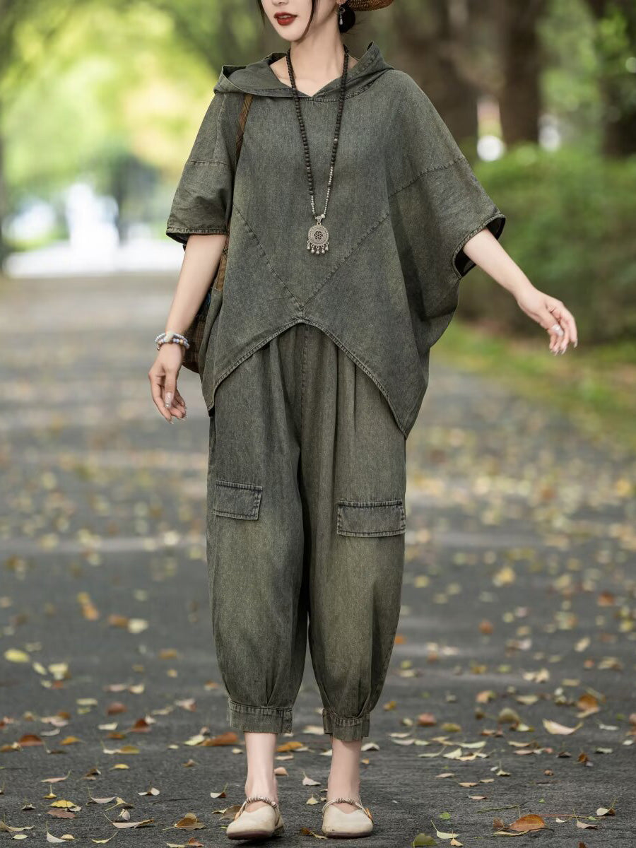 Chemise à capuche et pantalon en denim uni rétro pour femme AA1055
