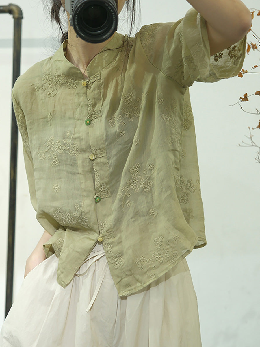 Chemise boutonnée en lin à broderies ethniques solides pour femmes AA1051