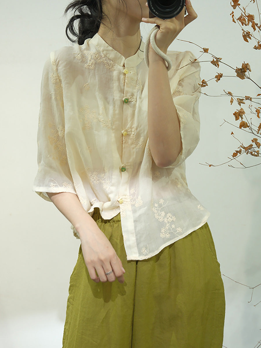 Chemise boutonnée en lin à broderies ethniques solides pour femmes AA1051