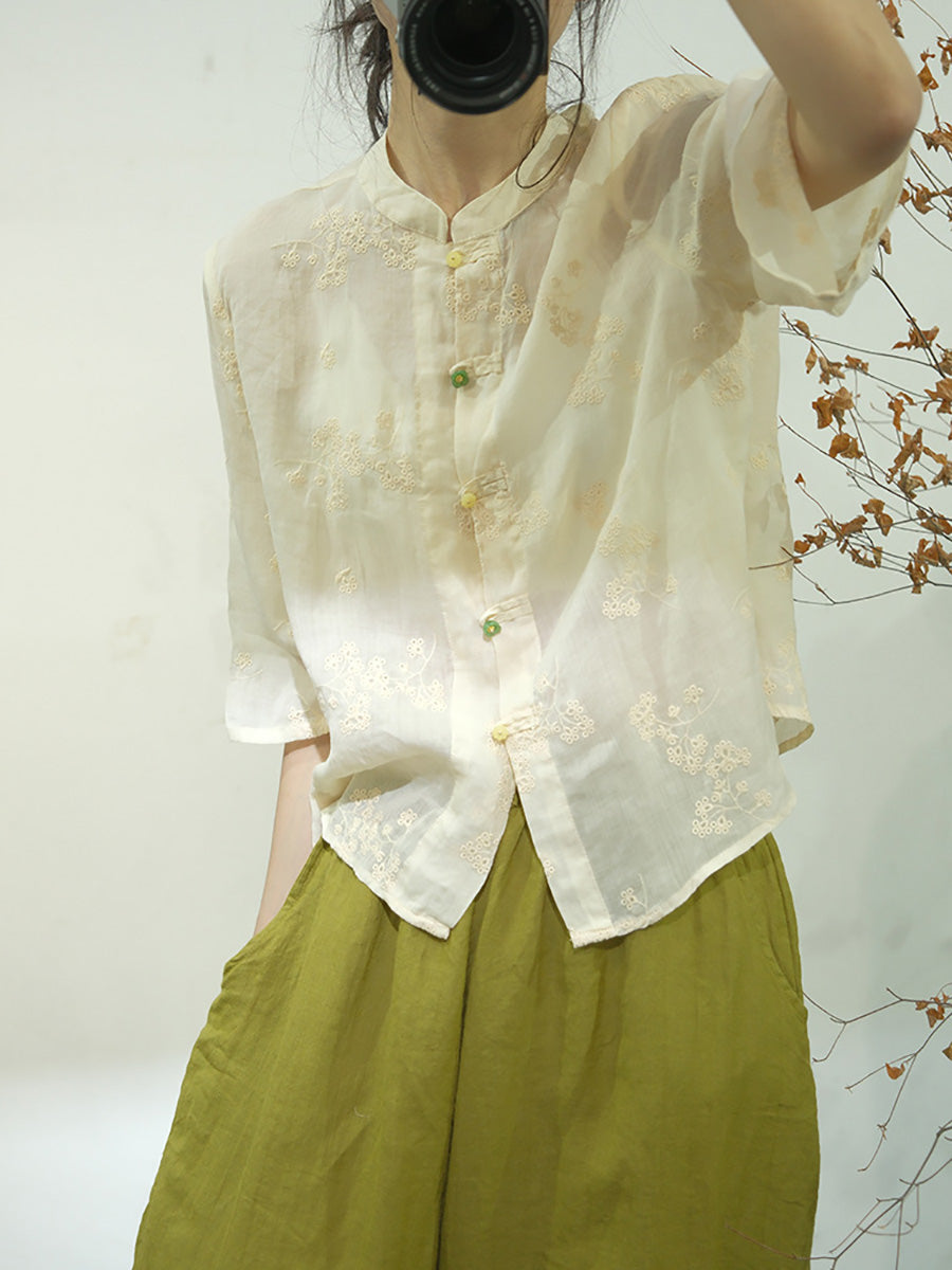 Chemise boutonnée en lin à broderies ethniques solides pour femmes AA1051