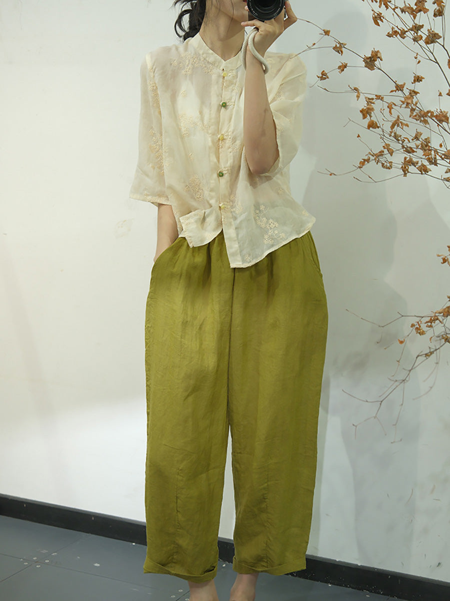 Chemise boutonnée en lin à broderies ethniques solides pour femmes AA1051