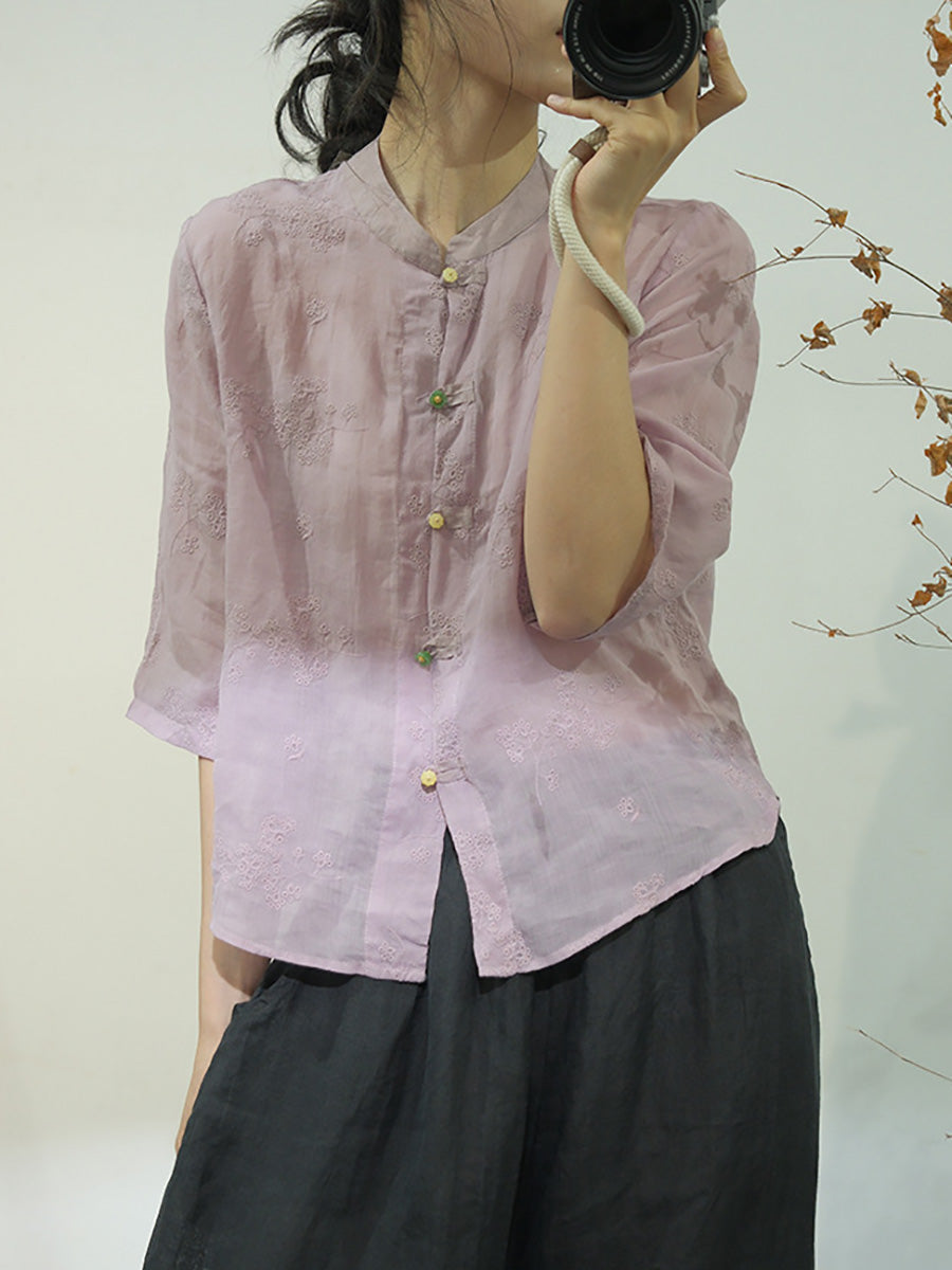 Chemise boutonnée en lin à broderies ethniques solides pour femmes AA1051
