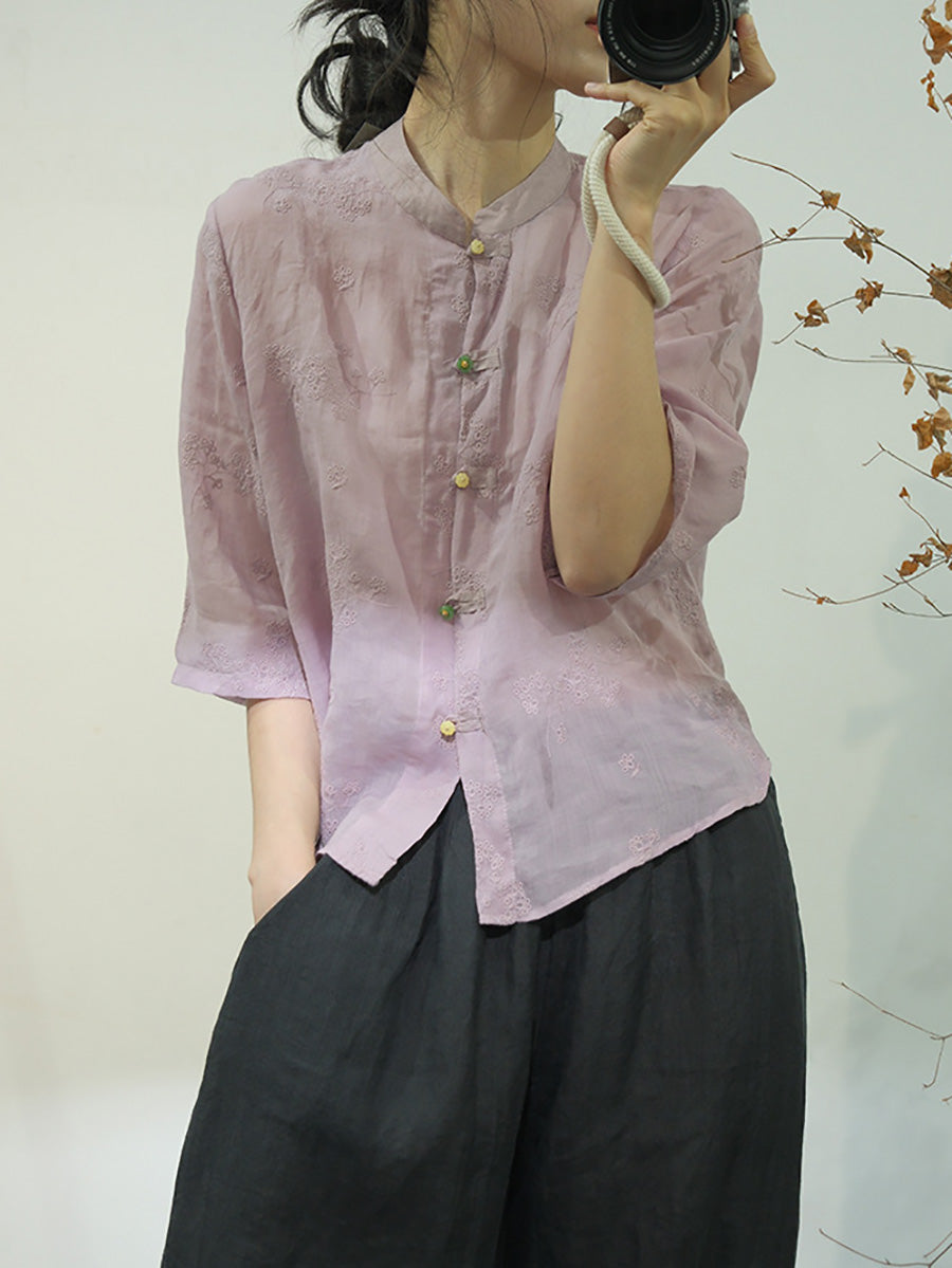 Chemise boutonnée en lin à broderies ethniques solides pour femmes AA1051