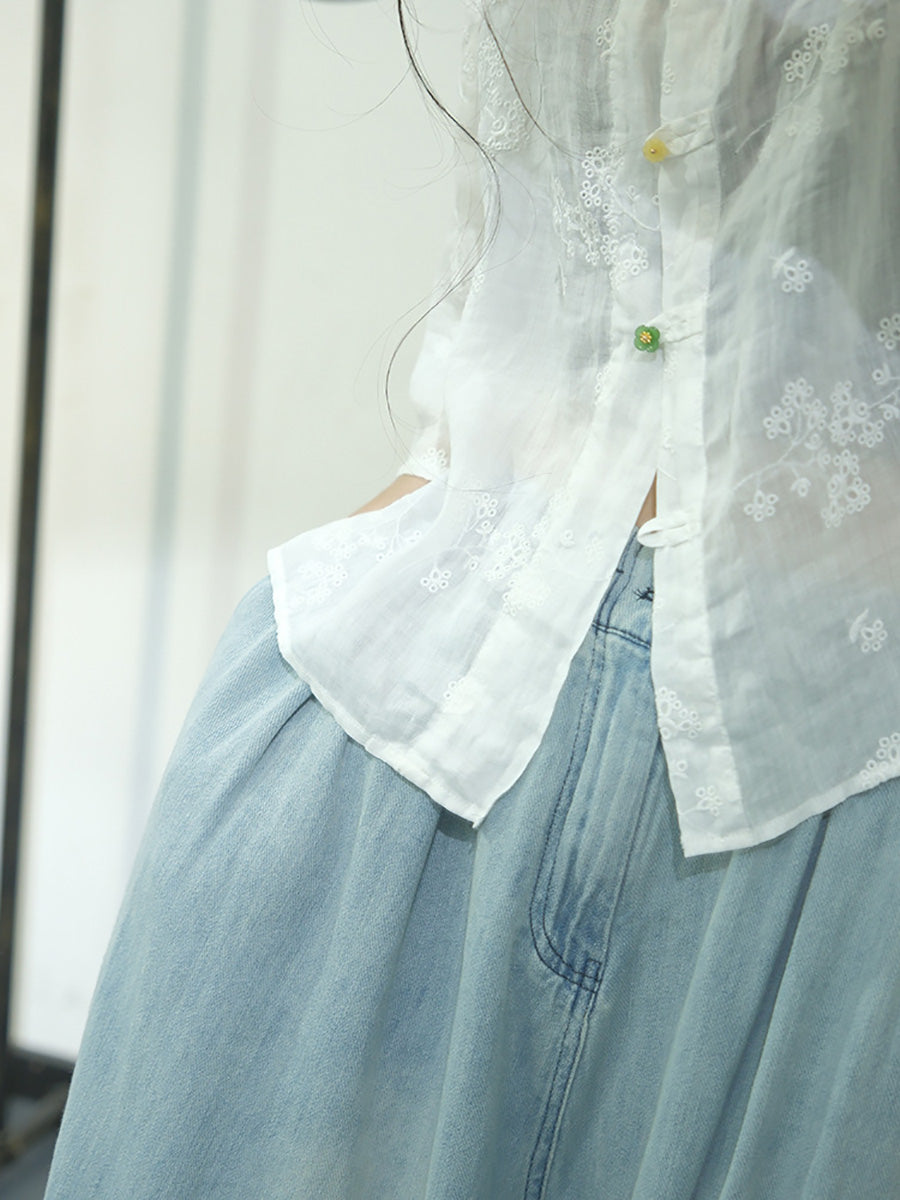 Chemise boutonnée en lin à broderies ethniques solides pour femmes AA1051