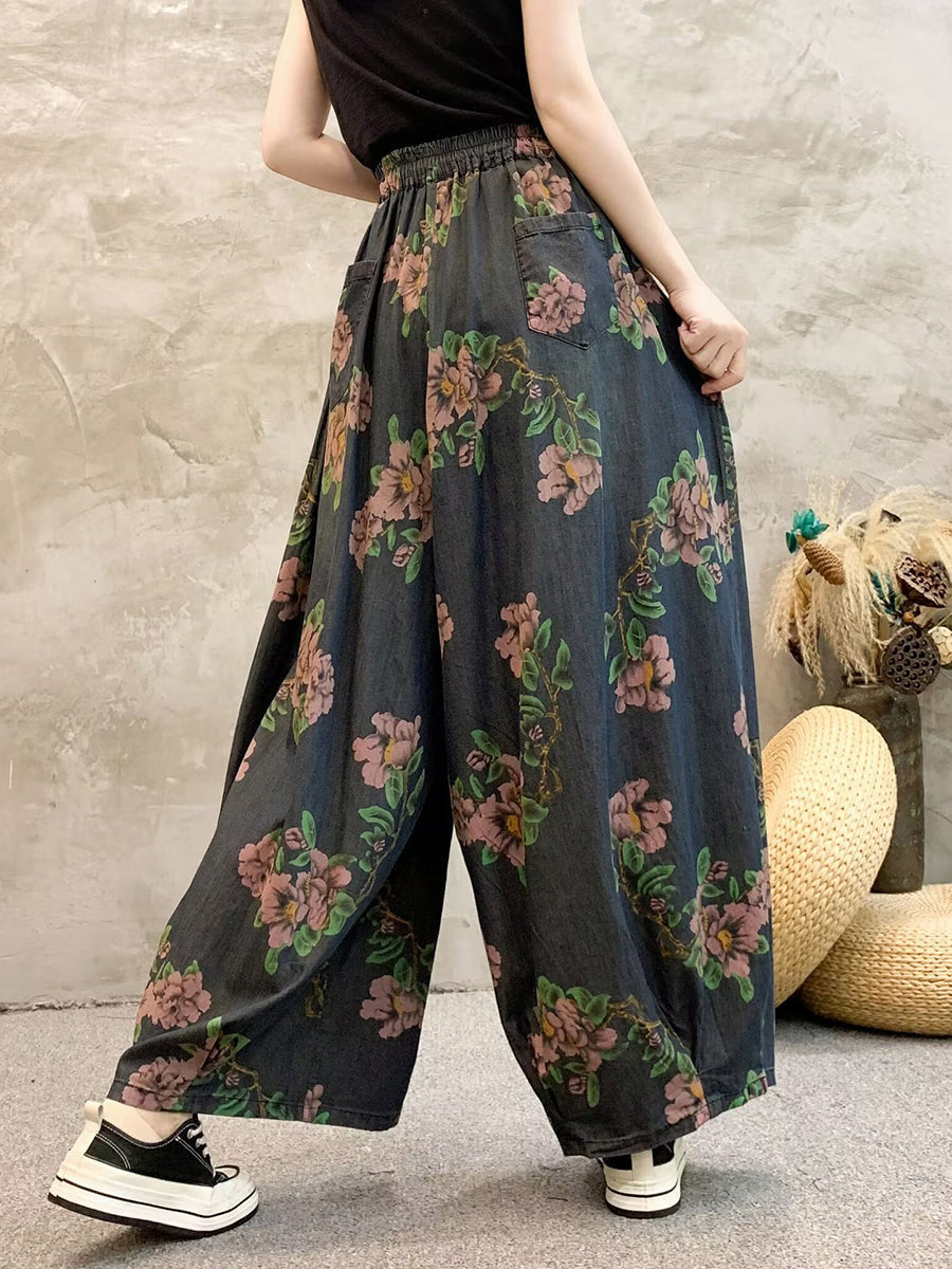 Pantalon large en denim à fleurs décontracté d'été pour femmes QW1013