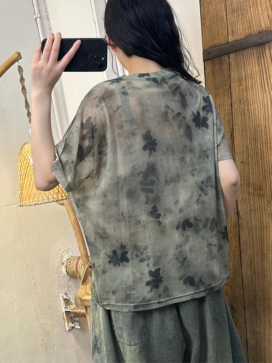 Women Summer Artsy Flower Worn Pullover Shirt QW1017