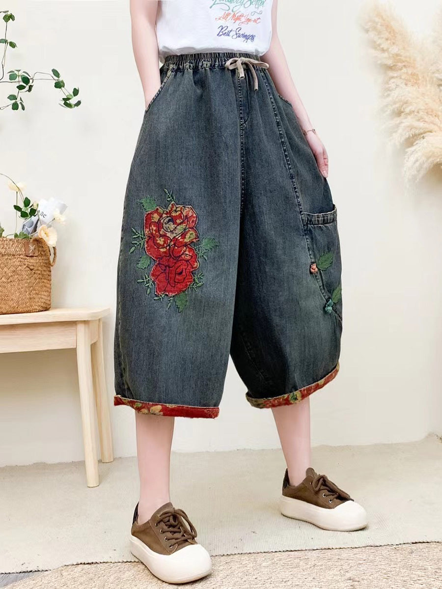 Pantalon en denim brodé de fleurs vintage pour femme QW1024